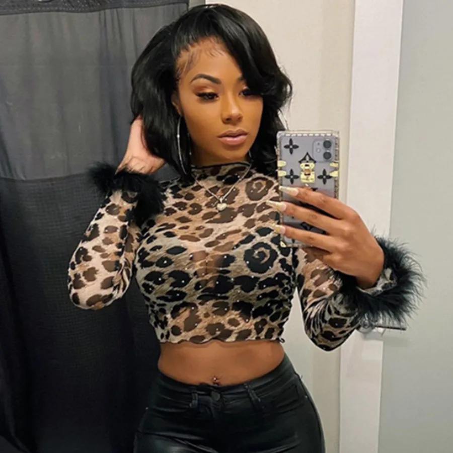 

2021 Spring Leopard Print See Through Long Sleeve Fur Trim Tops Sexy Skinny Women Tshirts
