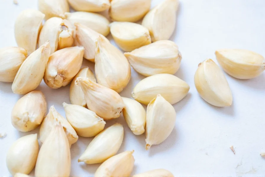 Fresh garlic cloves next to measuring spoons showing conversion equivalents