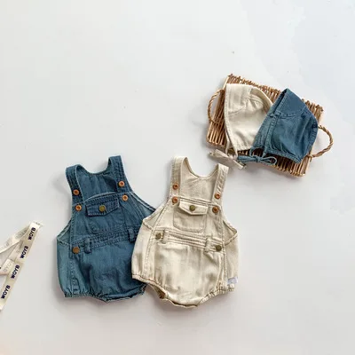

Newborn Unisex Baby Boys Girls denim Romper baby summer sleeveless Jumpsuit with hat outfits denim Clothes, Picture shows