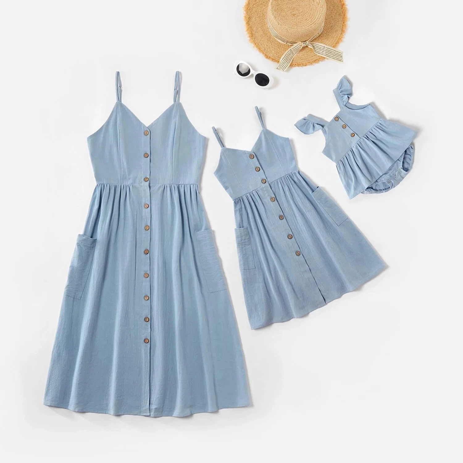 

Mommy And Me Dresses Suspenders Casual Girl dresses Pocket Baby Girl Dresses Summer Clothes