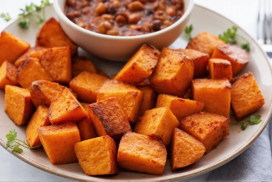 roasted sweet potato cubes with paprika seasoning next to chili bowl