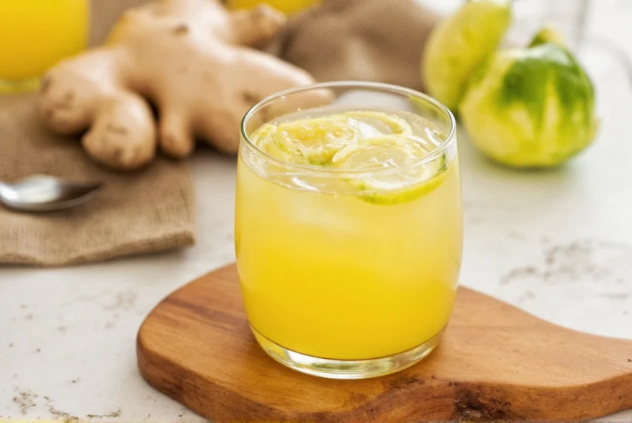 Homemade ginger shots in small glasses with lemon wedges