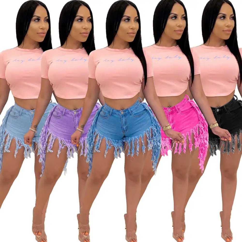 

2020 Hot Sale Women Casual solid Fringe Tassel Denim Short Jeans for Women, Blue