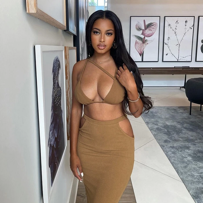 

Trendy Women Clothing Sexy Plain Backless Maxi Skirt Set Two Piece Crop Top And Long Skirt For Ladies