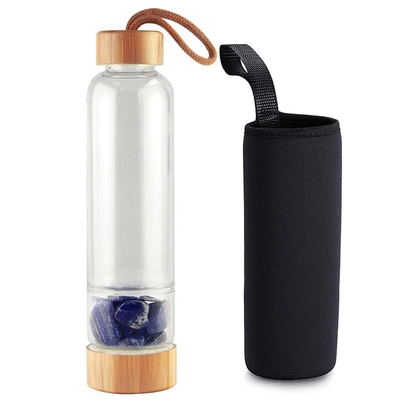 

RTS Health glass bpa free natural quartz crystal water bottle bamboo lid 550ml