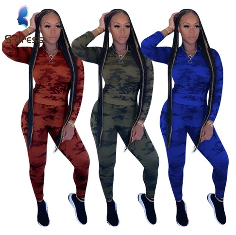 

sexy ladies two piece set camouflage printed slim v collar long sleeved sport pencil pants women 2 piece set
