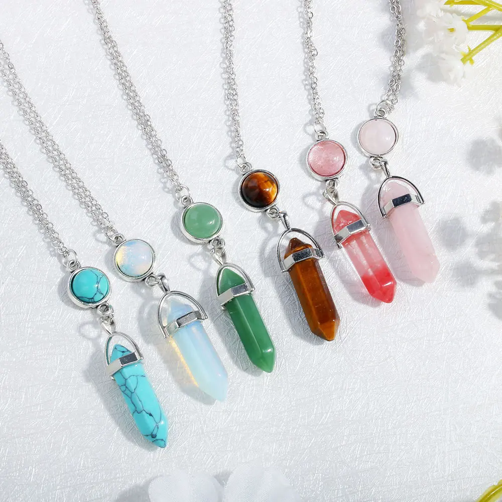 

New Fashion All Natural precious Gemstone Crystal Necklace Healing Hexagonal Point Pendant Bead Necklace For Women And Men, As the picture shows