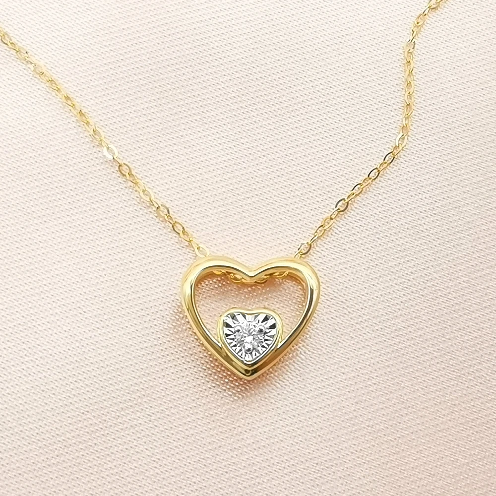 Classic Double Heart 18k Solid Gold With Natural Diamond Necklace ...
