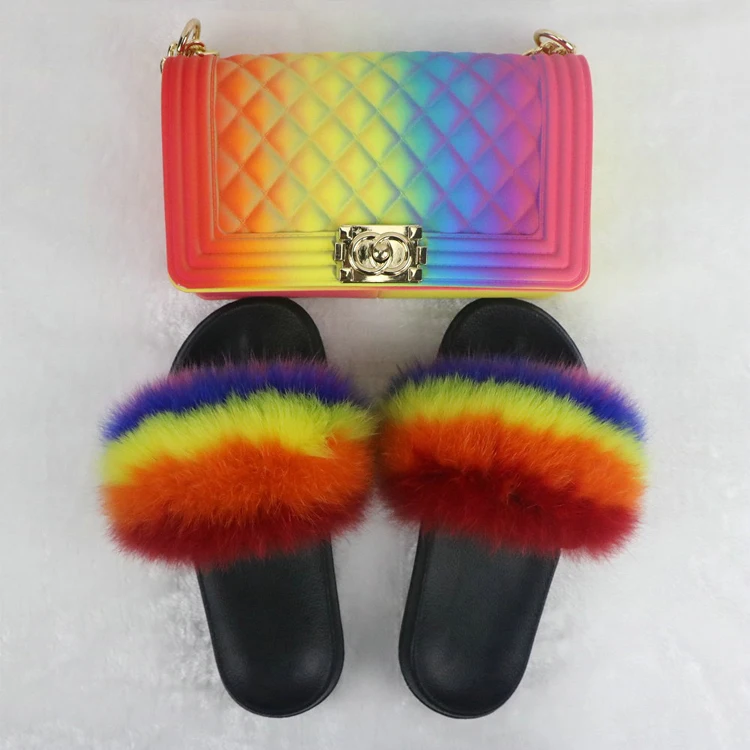 

New Arrivals Luxury Unique Design Women Fashion Colorful Fur Sandals And Jelly Purses Match Set Ladies Shoes Fancy Handbag