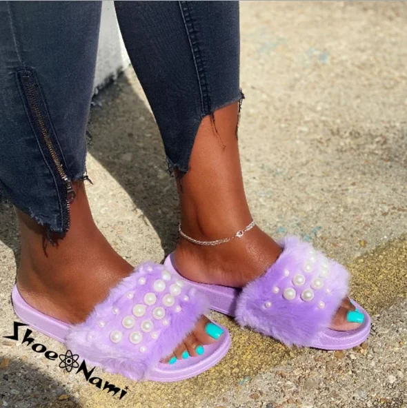 

Women's Fashion Fur Soft Indoor Outdoor Slippers Open Toe Fur Slides fur slipper slides sandals for women, Purple, black, pink