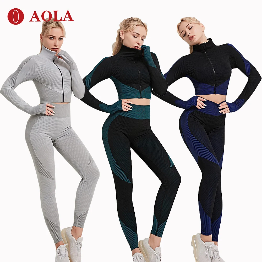 

AOLA 2021 Personalized Logo Womens Wear Long Sleeved Workout Fitness Clothing Activewear Gym Leggings Set For Woman