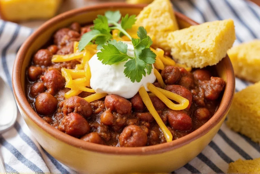 Bowl of slow cooker beef chili served with cornbread, topped with cheese, sour cream, and fresh cilantro