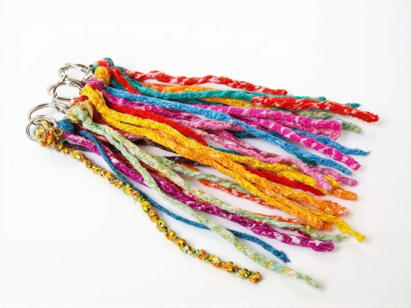 Colorful fabric strips braided into keychain