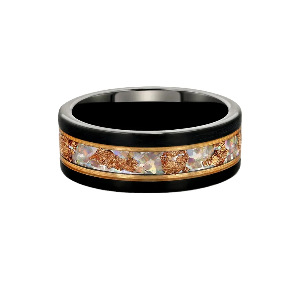 POYA Vintage Rose Gold Black Tungsten Ring White Opal&Gold Leaf Crushed Meteorite  Inlay for Men's  Wedding Gift