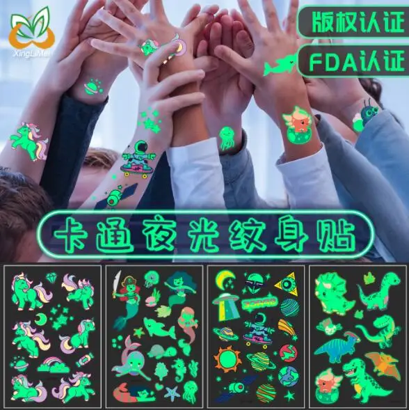 

Custom Luminous Fluorescent Waterproof Tattoo Sticker Glow In Dark Temporary Tattoo Stickers for Kids Girls Boys, Customized color