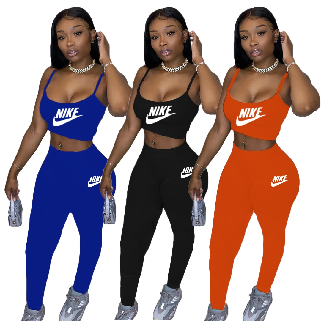 

2021 Explosion Models Spaghetti Strap Sleeveless Ladies Nike Gym Wear 2 Piece Pants Set Casual Neon Color Sports Women Clothing