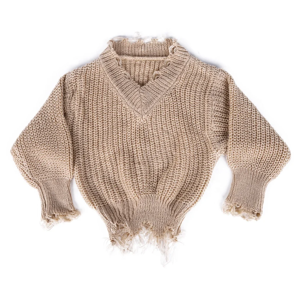 

High quality factory Fall Winter Girl Loose Long Sleeve V-Neck Ripped Pullover Knitted Sweater