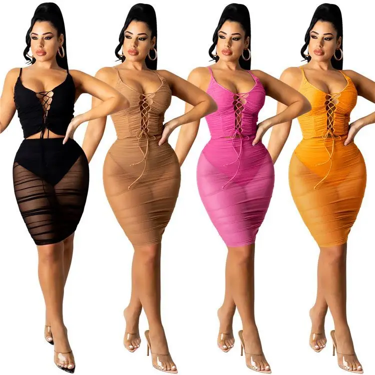 

IBEAUTY Hot Selling Solid Color Spaghetti Strap 2 Piece Set Women Clothing Summer Sexy Two Piece Skirt Set