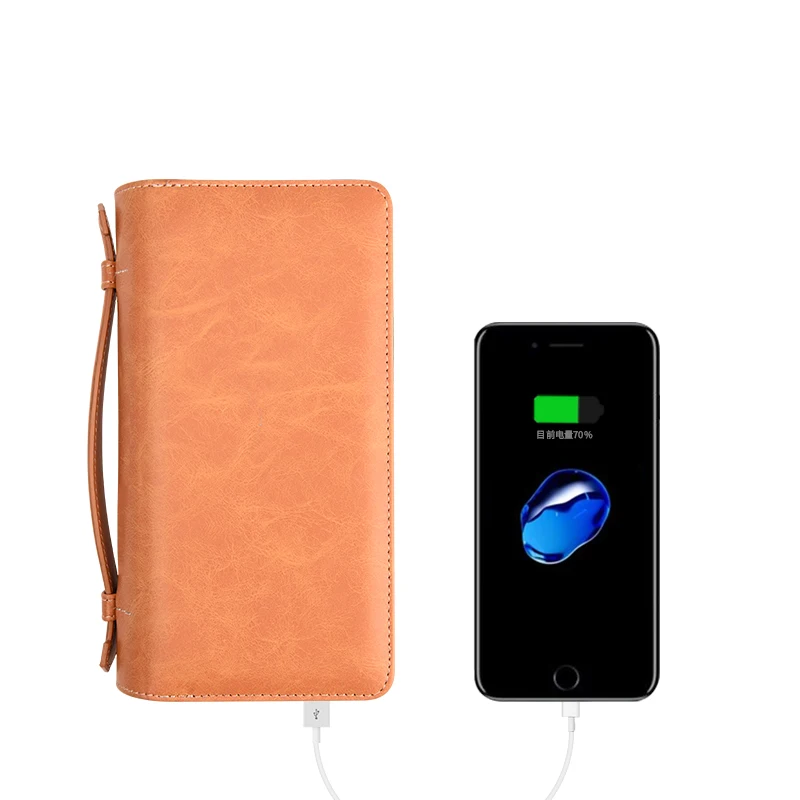 

high-tech smart leather card RFID blocking wireless charging Fashion Gift powerbank wallet, Customized color