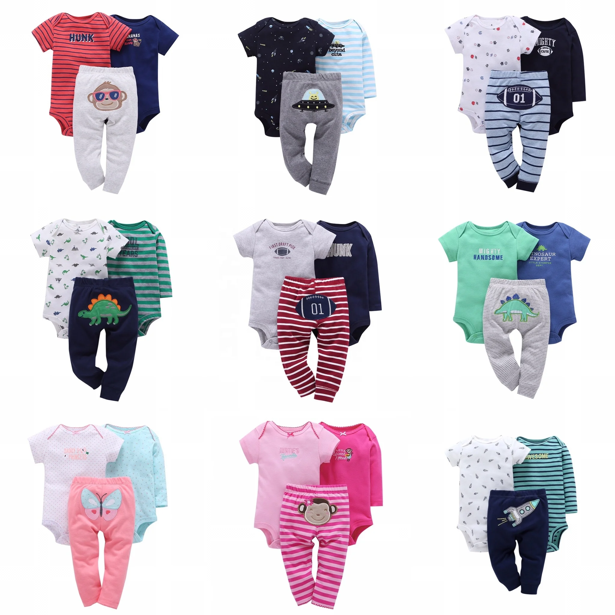 

Animal Wholesale 100% Cotton 3pcs Cute Bodysuits Baby Suit Pants Newborn Suit Wear Baby Clothes