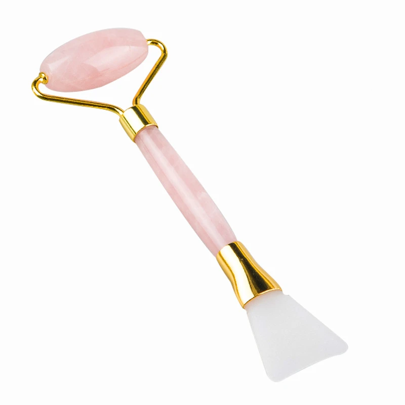 

Natural Real Rose Quartz Double Head Face Skin Care Pink Jade Roller with Silicone Mask Brush For Premium Handcrafted Gift