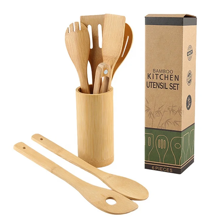 

Shipping to USA Amazon FBA Kitchen Accessories Eco-friendly Kitchenware Cookware Bamboo Shovel Spatula kitchen Utensil 7 pcs Set, Yellow