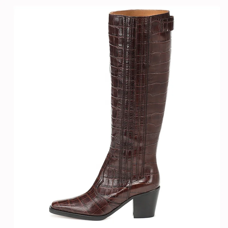 

2019 Block Heel Texas Knee High Boots Cowboy Boots For Women, Brown