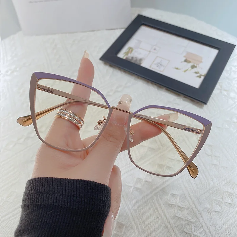 

9586 Luxury metal cat eye glasses frame double color computer anti blue light glasses unisex eyeglasses frame 2023