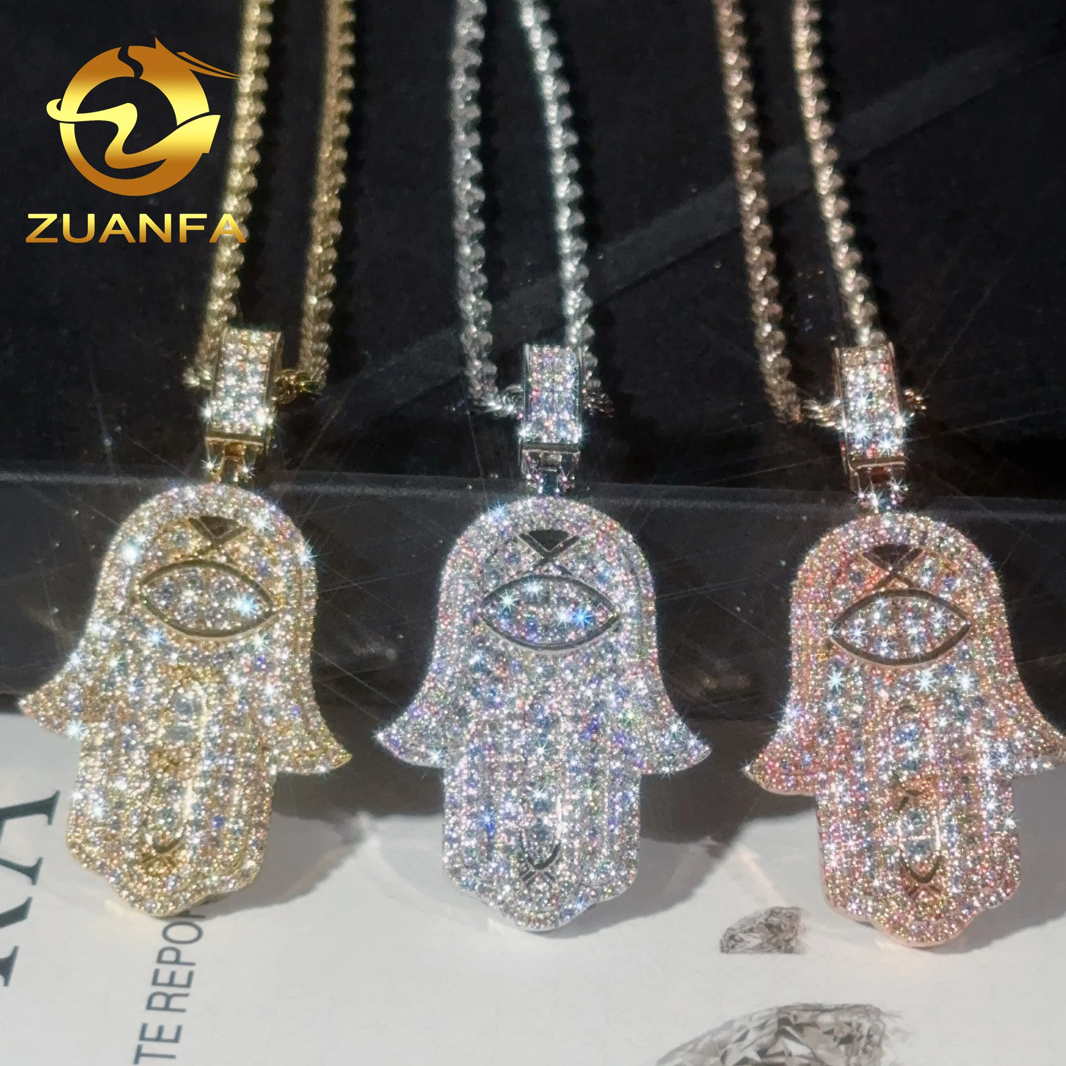 Ready to Ship Moissanite Hip Hop Jewelry Hamsa Iced Out Pendant Sterling Silver 925 Moissanite Pendant With Rope Chain for Men