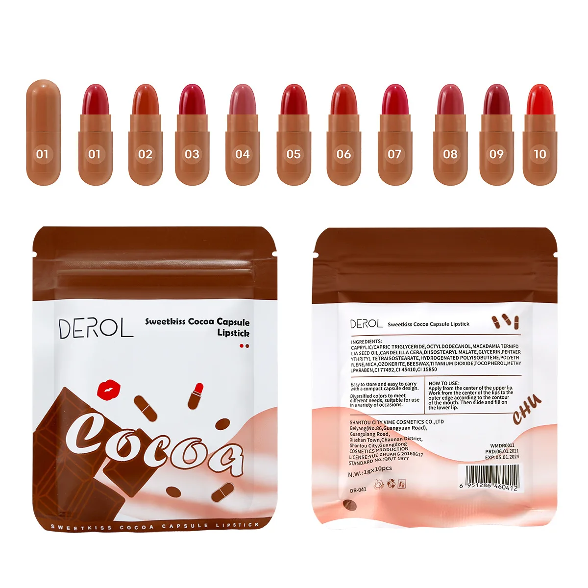 

Free shipping 10 pcs Mini cute chocolate capsule lip stick pill matte lipstick set