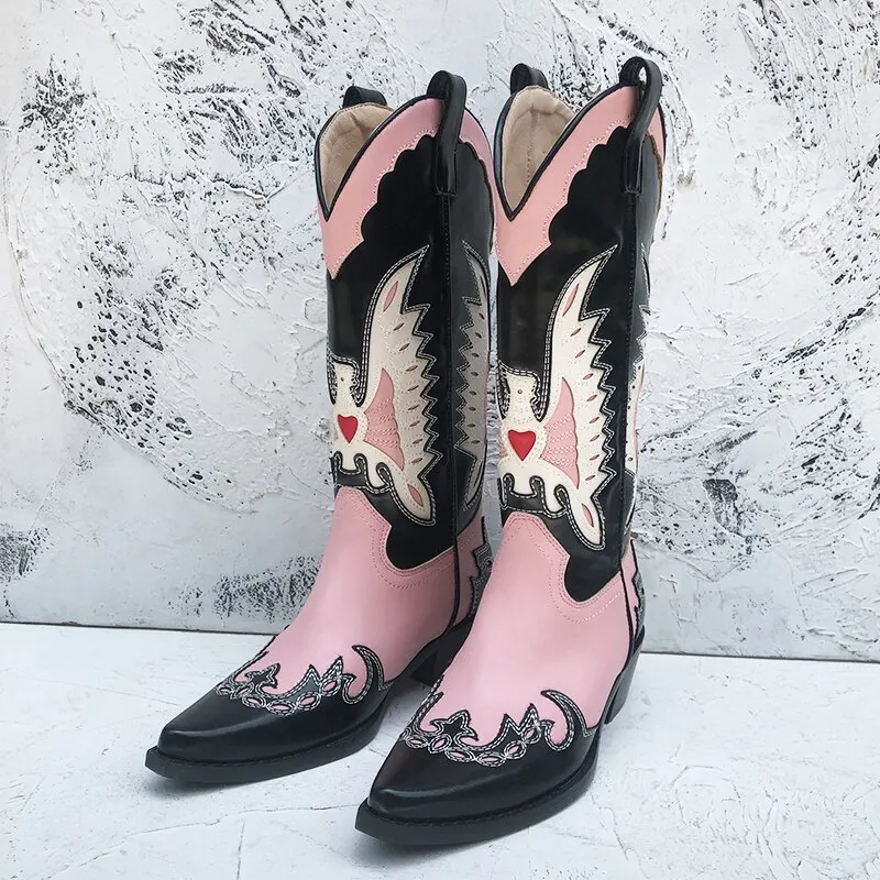 

BUSY GIRL XY4780 2023 Pink Boots For Ladies Stitching Embroidered Winter Short Fur 3cm Heels Women Cowgirl Western Cowboy Boots