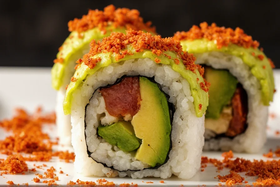 Dragon roll with avocado scales topped with shichimi togarashi spice blend