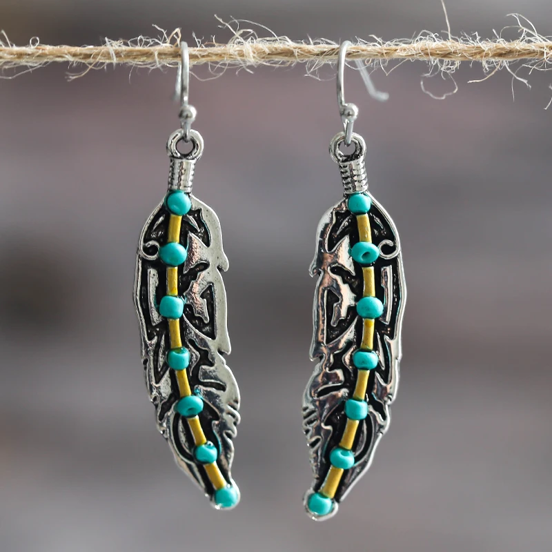 

Bohemian Jewelry Natural Turquoise Stone Beaded Feather Hook Dangle Earing For Women, Silver