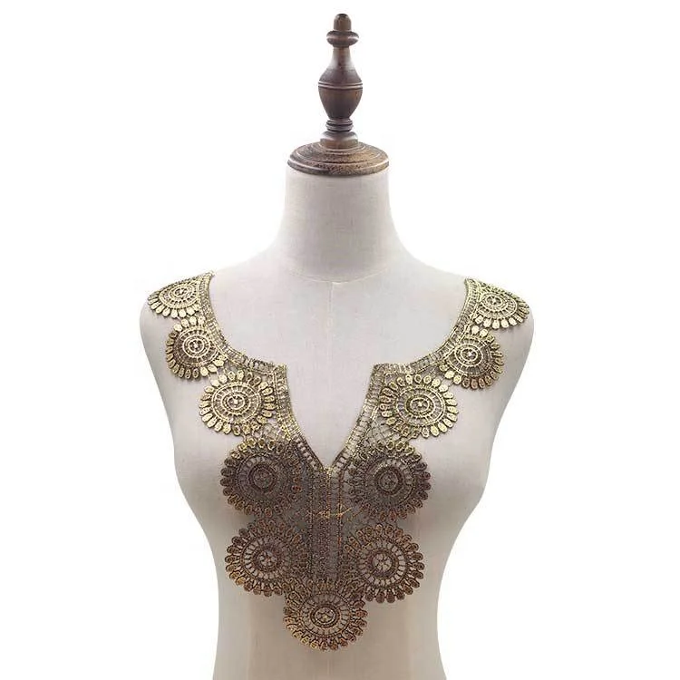 

Hot sale african glitter gold collar applique water-soluble lace neckline, As picture shown