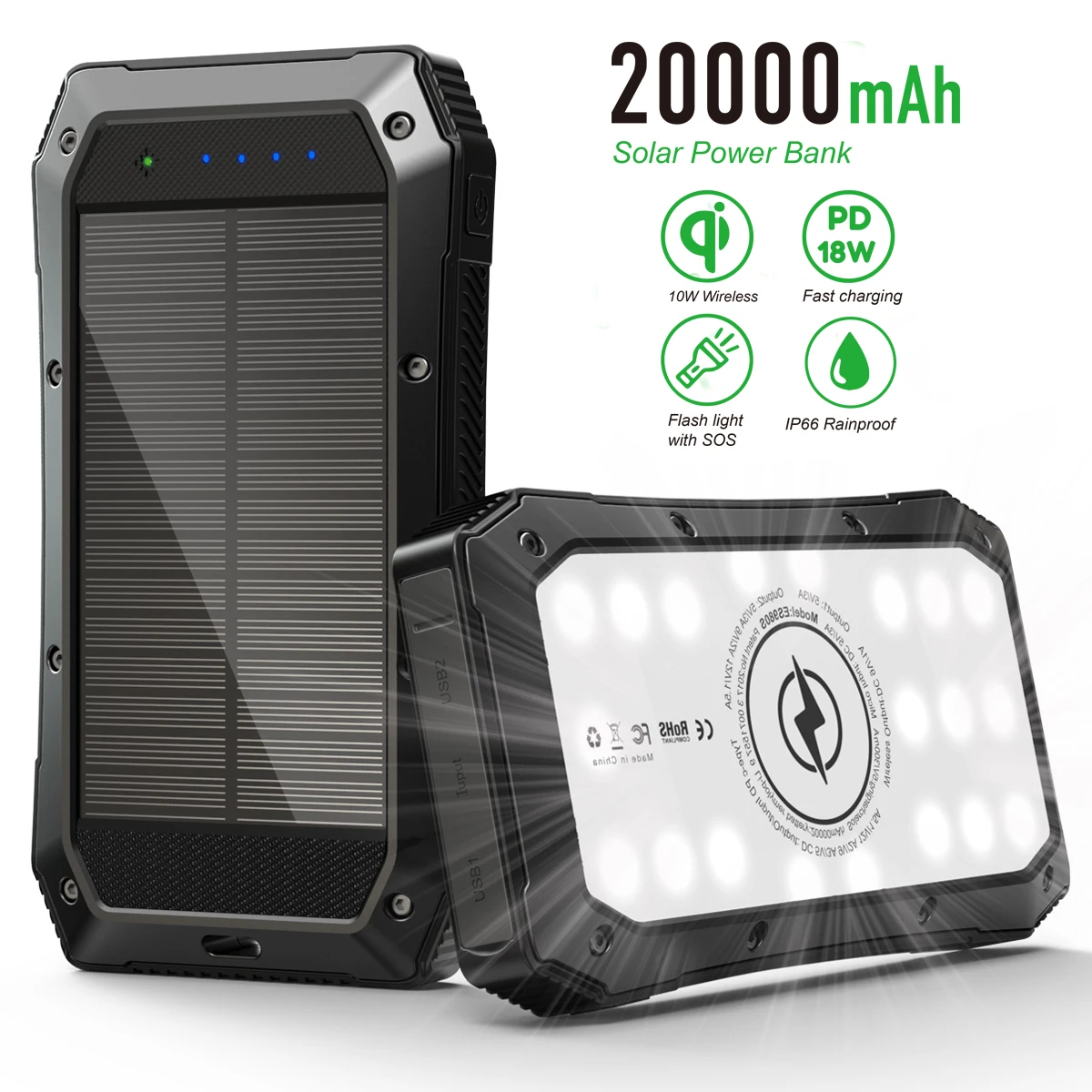 

QC3.0 Solar Power Bank 20000mah 10W Wireless Charging PD 18W Type C Fast Charge Waterproof Power banks