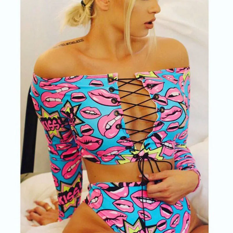

TW715 Hot Selling Brazilian Swimsuit Swimwear African Print Bikini Set Long Sleeve Women Thong Sexy Beachwear Bathing Suit
