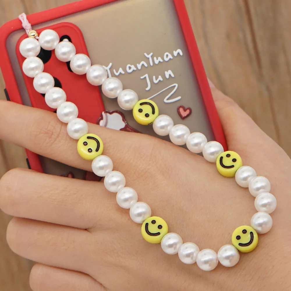 

2021 Smiley Face Pearl Beads Orange Fruit Beaded Cell Mobile Phone Straps Chain Holder Accessories Jewel Pastel Cord Key Charm, As the picture