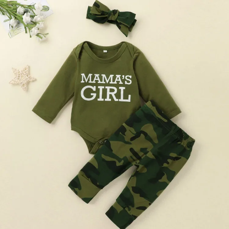 

Spring And Autumn New Green Long-Sleeved T-Shirt Camouflage Pants Hat Baby Rompers Girls Clothes Set, Picture color