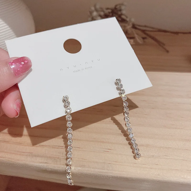 

Newest S925 Silver Post Bar Drop Earrings Shining Long Rhinestone Crystal Bar Earrings Women Jewelry