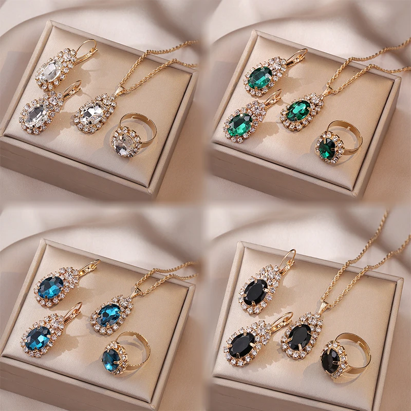 

Fashion Jewelry Set Shiny Elegant Crystal Gemstone Pendant Necklace Earrings And Rings Set Women Open Zircon Rings For Gift