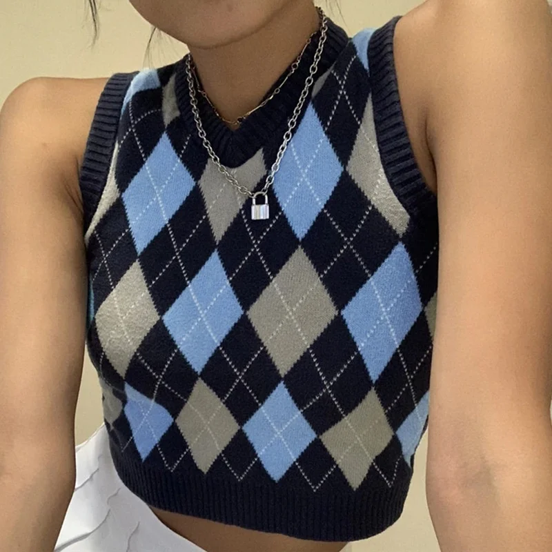 

Fashion New Arrivals Fall Casual Retro Crop Top Tight V-neck Sleeveless Sweater Vest For Women Argyle Sweater Vest, Customized color