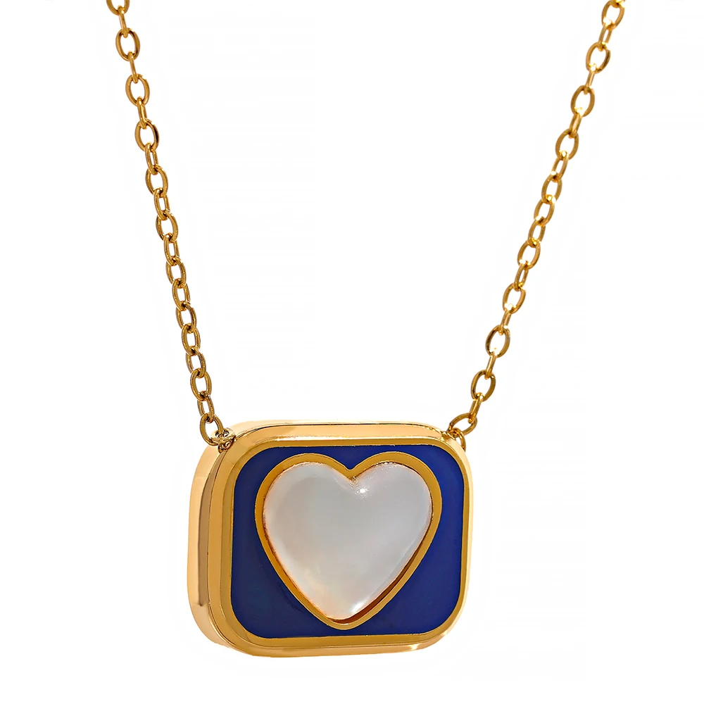 

JINYOU 198 Geometric Square Natural Shell Heart Fashion Minimalist Stainless Steel Enamel Block Pendant Necklace