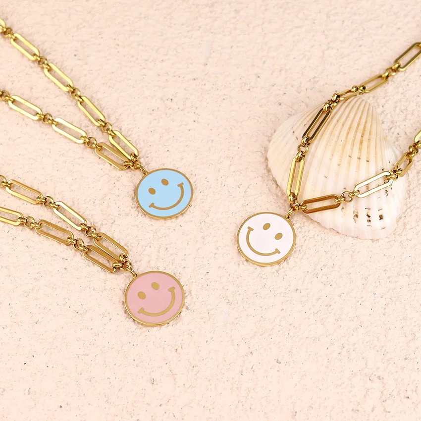 

Trendy Necklace Paper Clip Chain Resizable Enamel Smiley Face Charm Necklace Happy Smiley Face Necklace Gifts For Her