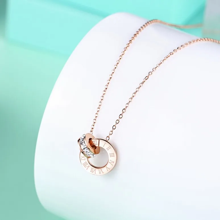 

Stainless steel Roman Numeral Necklace Double Two Circle Diamond Ring Necklace