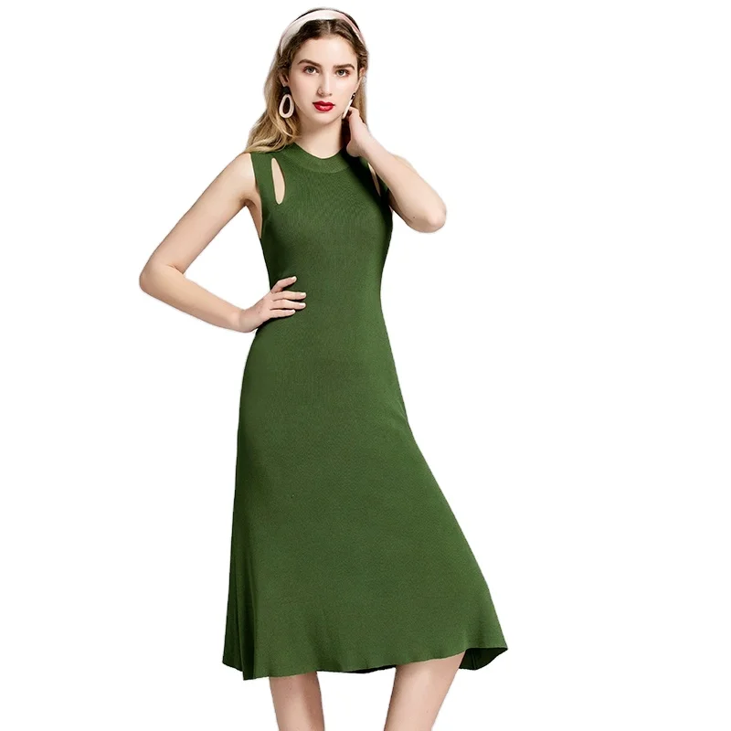 

Summer 2021 Hollow-out sleeveless dress knitted fabric over the knee dress women dress
