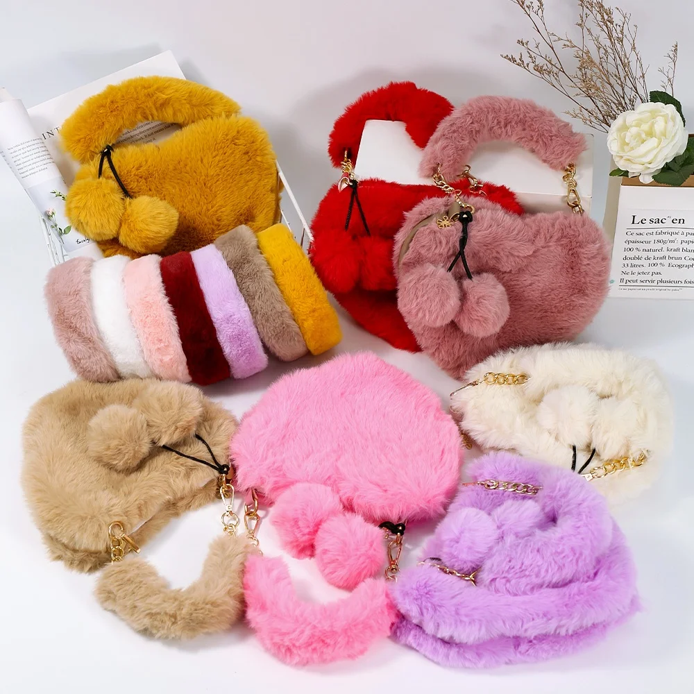 

Luxury Fashionable Plush Women Heart Handbags Ladies Designer Branded Fur Headbands and Purses Bags Sets