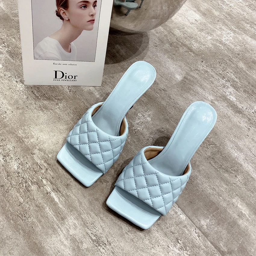 

NEW Sexy PU diamond Square head Peep Toe High Heel Slippers Summer Fashion Slip On Thin Heels Slides Women Mules Party