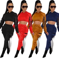 

CA635 - ladies casual solid pants and long sleeve hoodies two piece set