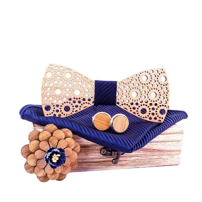 

Men's blue wooden bow tie fashion wedding gift walnut cuff links set