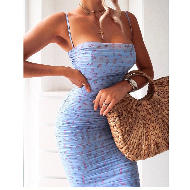 

Mesh Women Dress Summer 2020 Spaghetti Straps Knee-length Elegant Dress Slim Fit Floral Print Ruched Dresses Blue